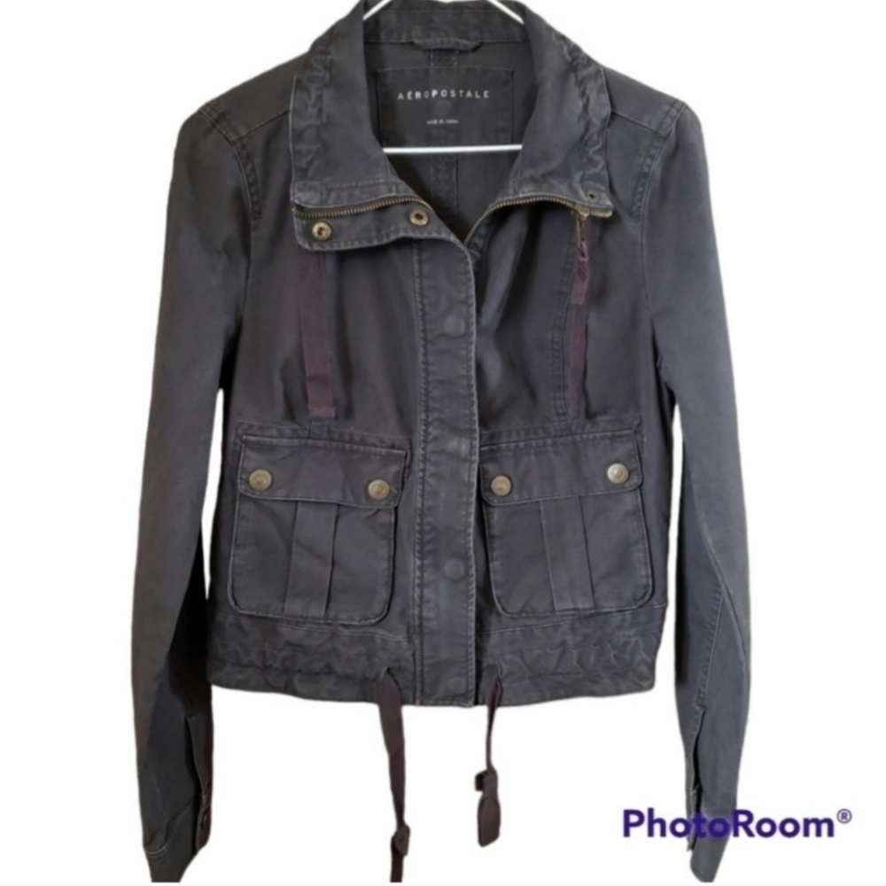 Aeropostale Grey Twill Button/Zip Up Cropped Jacket Women's Small S Tie Waist